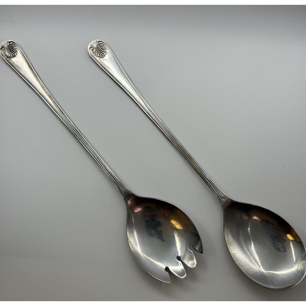 Vintage Set 2 English Silverplate Salad Serving Spoon & Fork Shell Pattern VGUC